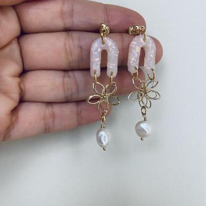 Pearl and Gold Polymer Clay Earring