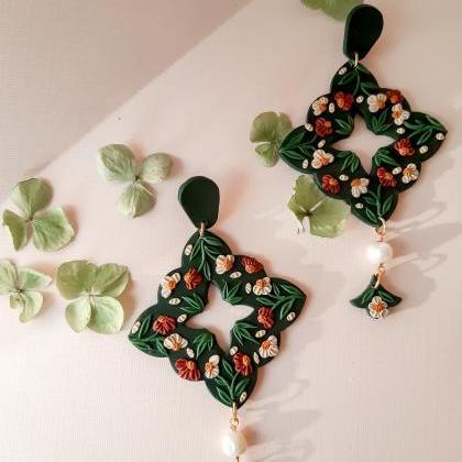 Emerald Floral Motif Polymer Clay Earrings With..