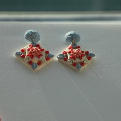Floral Square Polymer Clay Earrings Ii