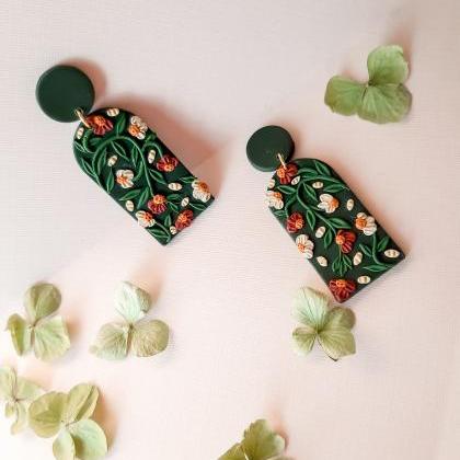 Emerald Floral Arched Polymer Clay Stud Earrings