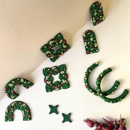 Emerald Floral Mini Motif Polymer Clay Earrings..