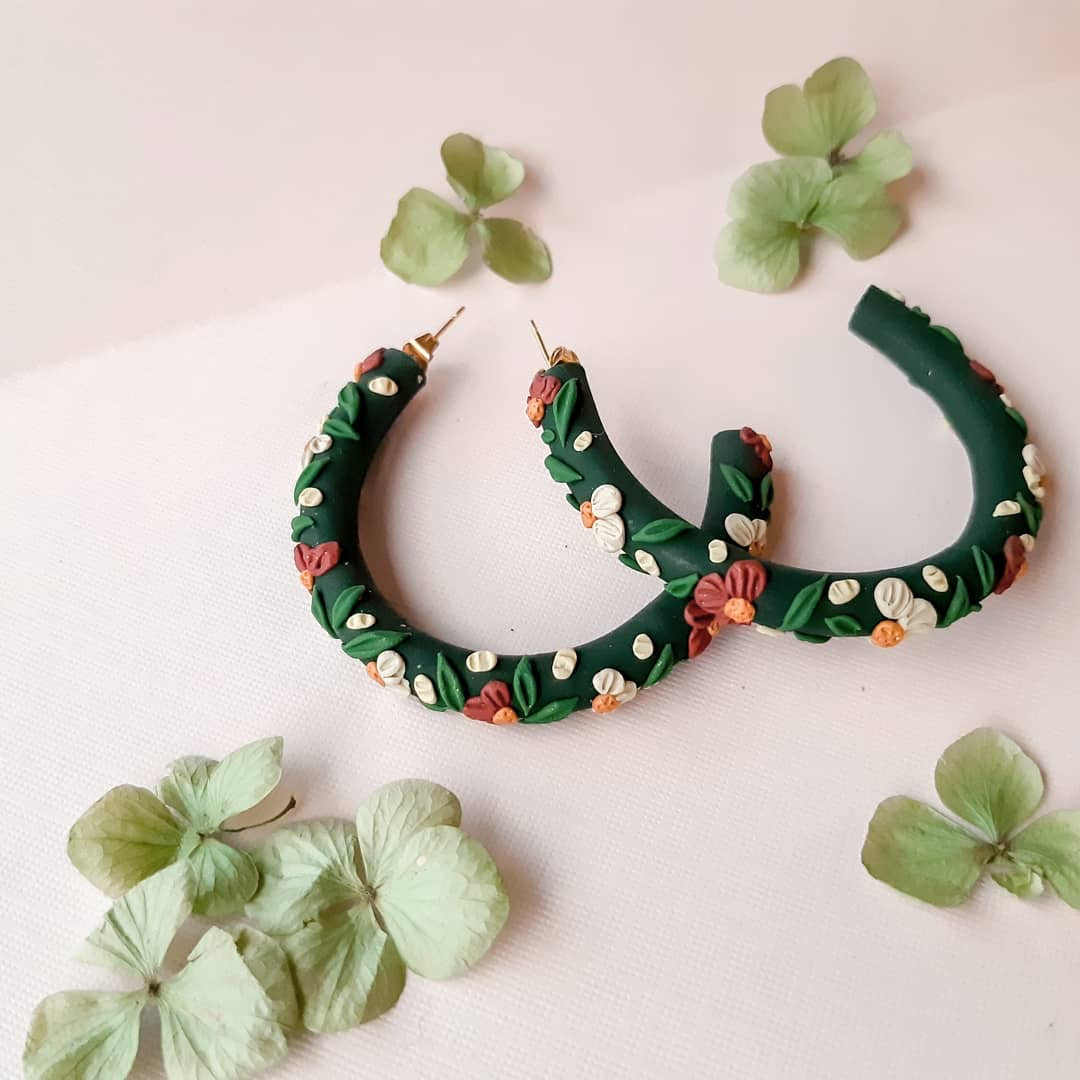 Emerald Floral Half Circle Loop Polymer Clay Stud Earrings