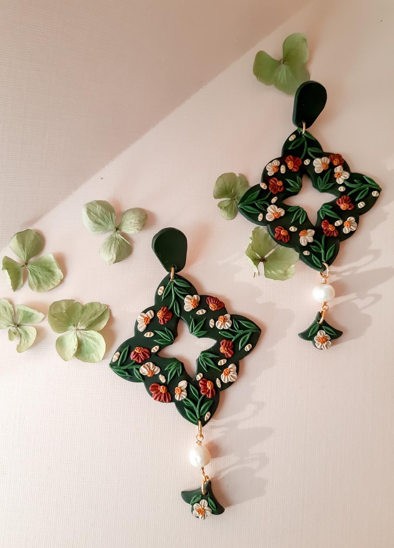 Emerald Floral Motif Polymer Clay Earrings With Fresh Water Pearl