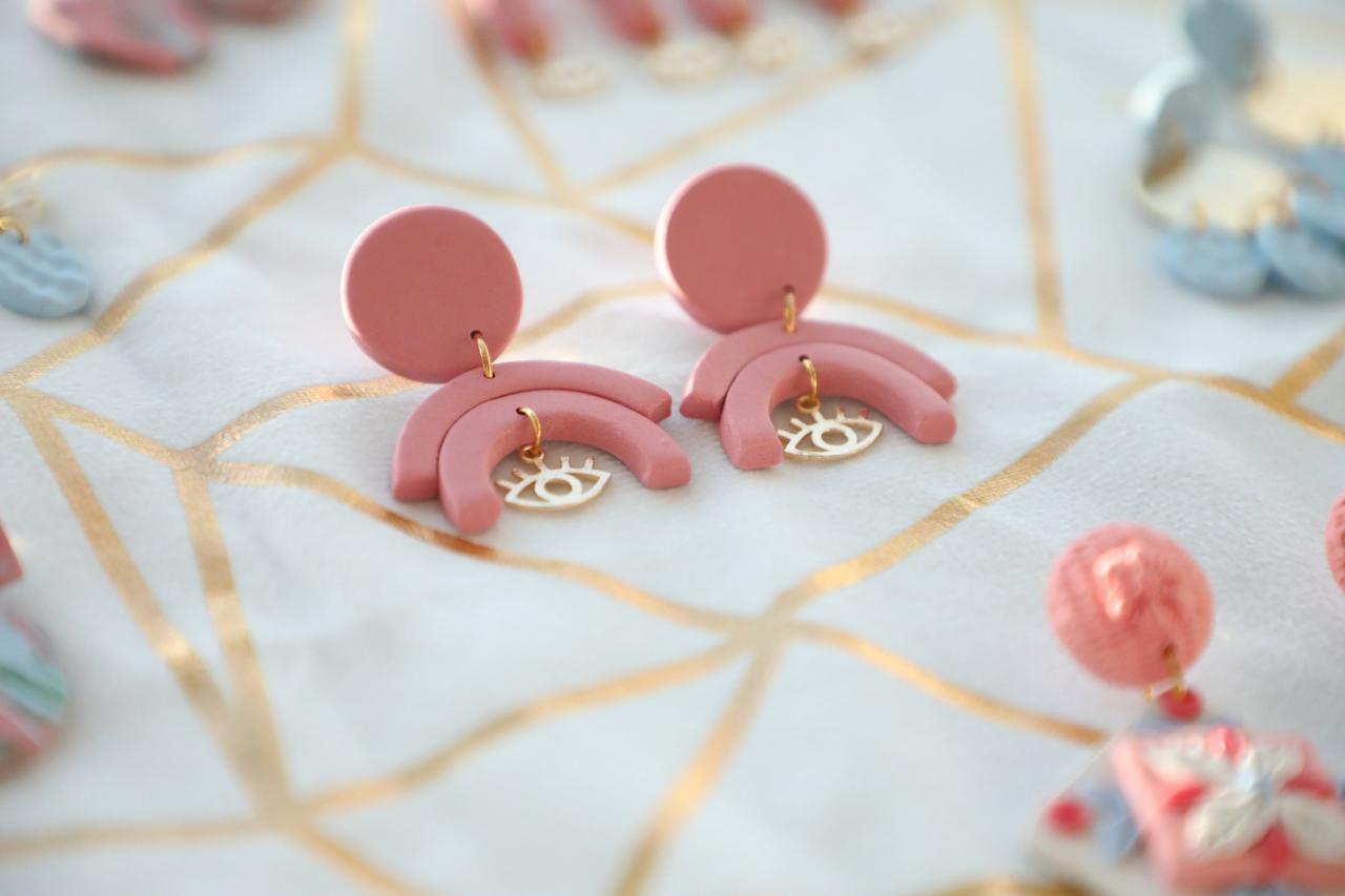 Pink/blush Rainbow Polymer Clay Earrings With 24k Gold Plated Eye Shaped Pedant