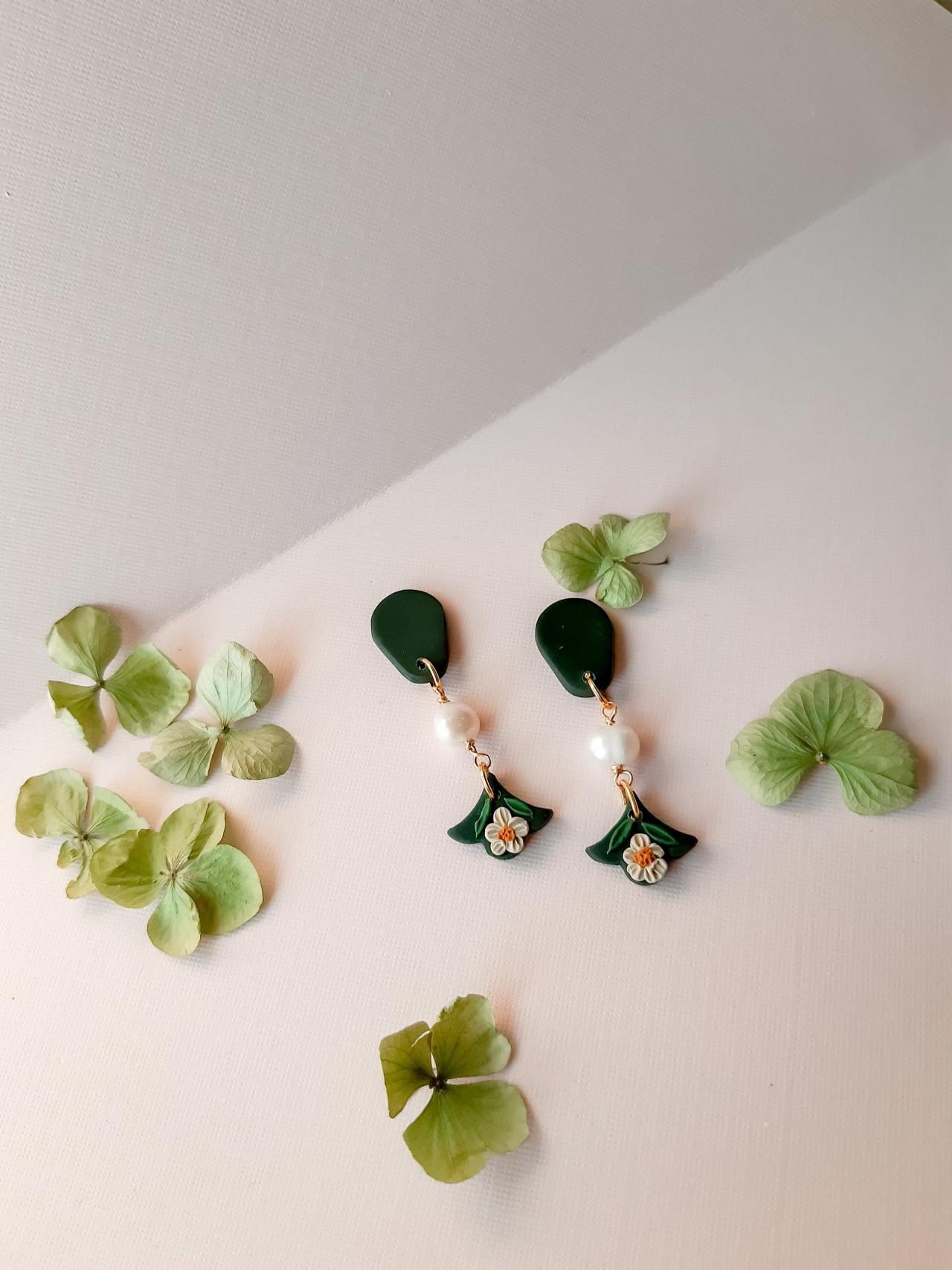 Emerald Floral Mini Motif Polymer Clay Earrings With Fresh Water Pearl