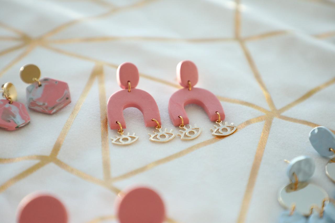 Pink/Blush Rainbow Polymer clay Earrings with 24k gold plated eye shaped pedant