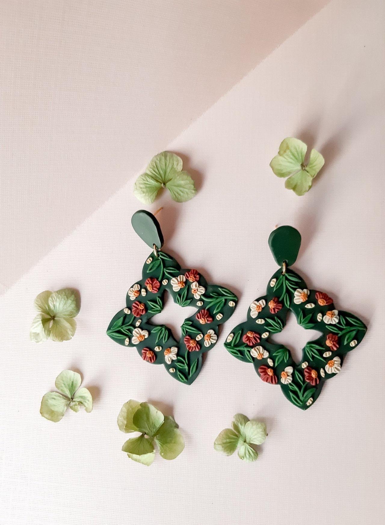 Emerald Floral Motif Polymer Clay Earrings