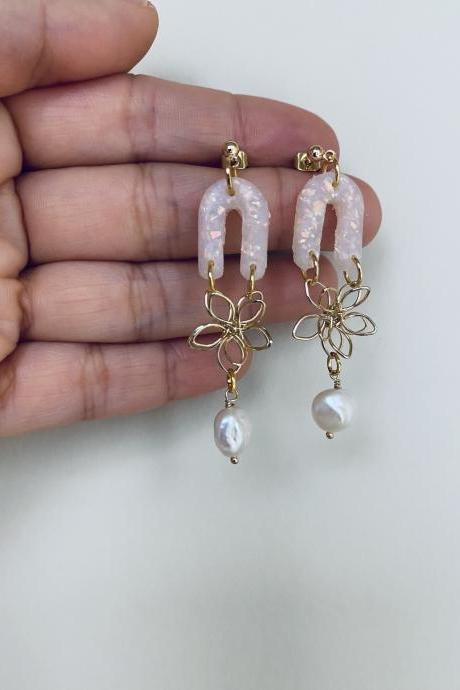 Pearl And Gold Polymer Clay Earring