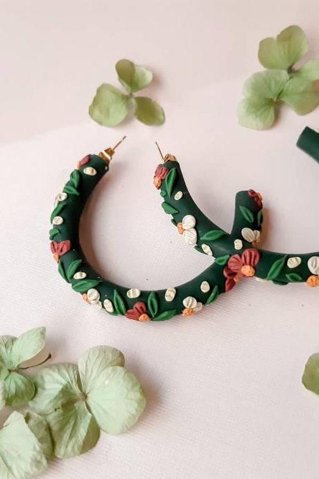 Emerald Floral half circle loop Polymer Clay stud Earrings