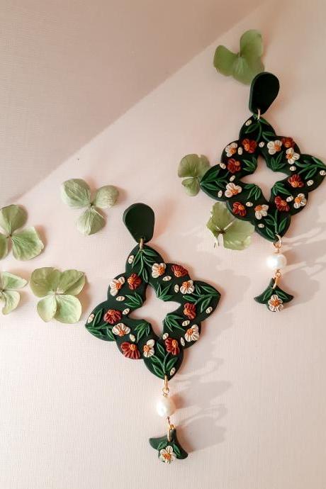 Emerald Floral Motif Polymer Clay Earrings with fresh water pearl