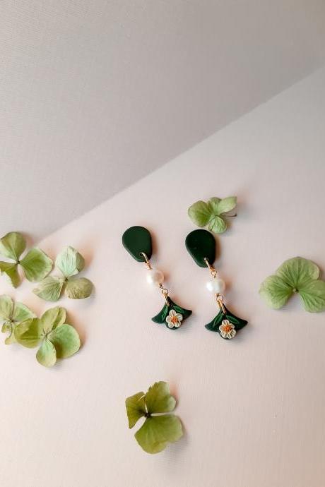Emerald Floral Mini Motif Polymer Clay Earrings with fresh water pearl