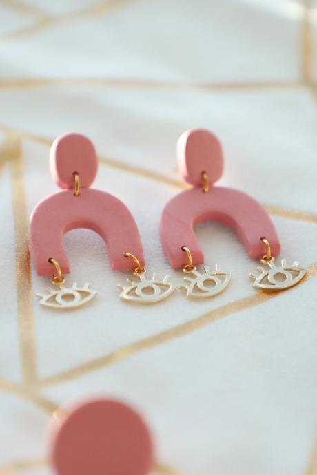 Pink/Blush Rainbow Polymer clay Earrings with 24k gold plated eye shaped pedant