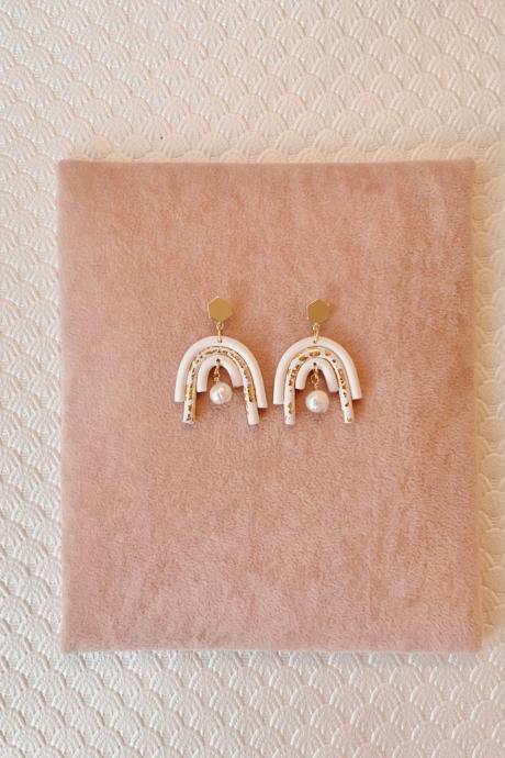 White and Gold Mini Rainbow PolymerClay Earrings with Fresh Water Pearls+24K Gold plated pedant