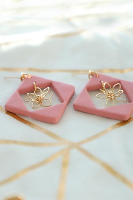 Pink/Blush Square Polymer clay Earrings with 24k gold plated Flower shaped pedant