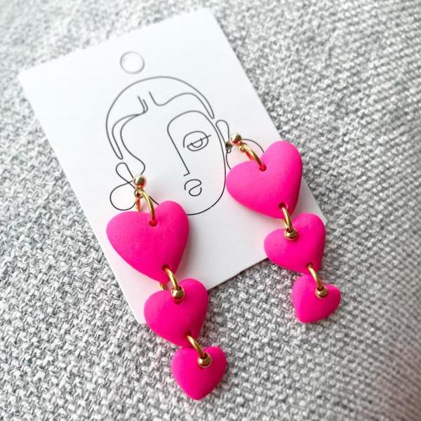 Pink hearts polymer clay earring